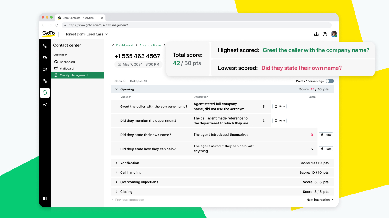 Dashboard di GoTo Connect Contact Center che mostra le funzionalità di gestione della qualità e di formazione basate sull’IA.