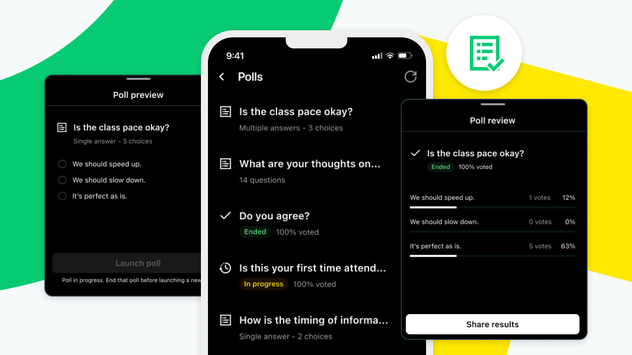 Schermate su dispositivo mobile che mostrano le funzioni di sondaggio di GoTo Webinar e le opzioni per il coinvolgimento negli eventi dal vivo.