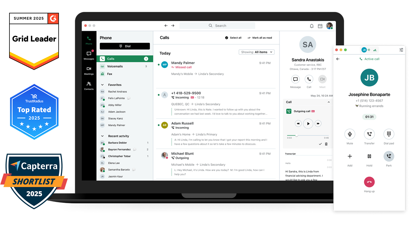 Imagen del panel de control del centro de contacto de GoTo Connect, en el que aparecen las insignias de G2 Leader Fall 2023, TrustRadius Best Value of Price of 2023 y Capterra Shortlist 2023.