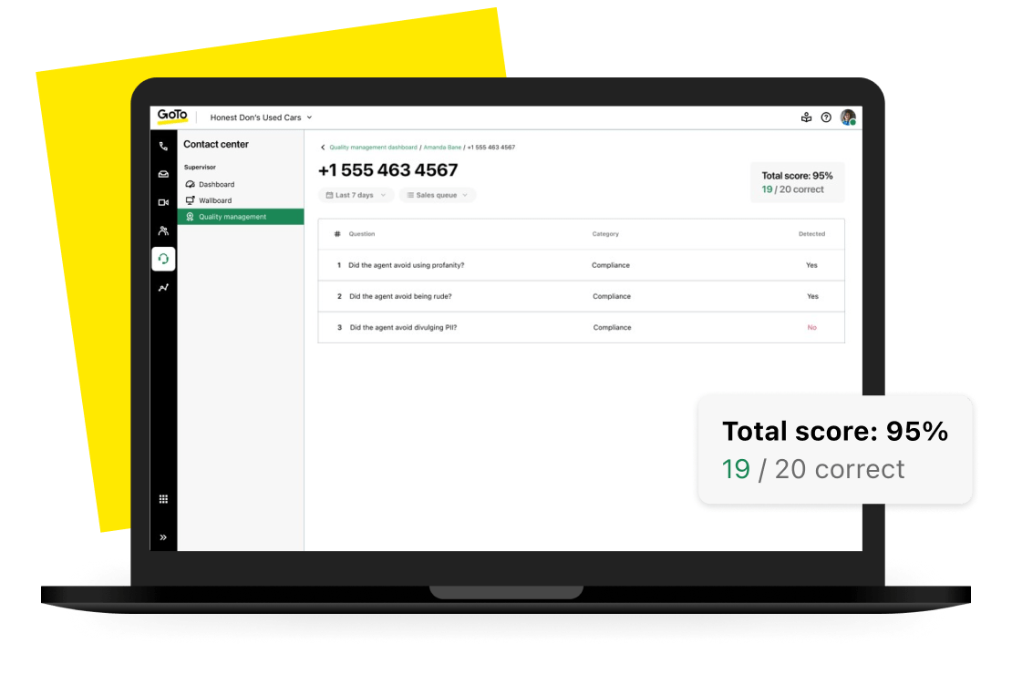 La dashboard di GoTo Contact Center AI Quality Management utilizza la garanzia di qualità basata sui dati per valutare in modo equo gli agenti, creando un ambiente di lavoro affidabile e solidale.