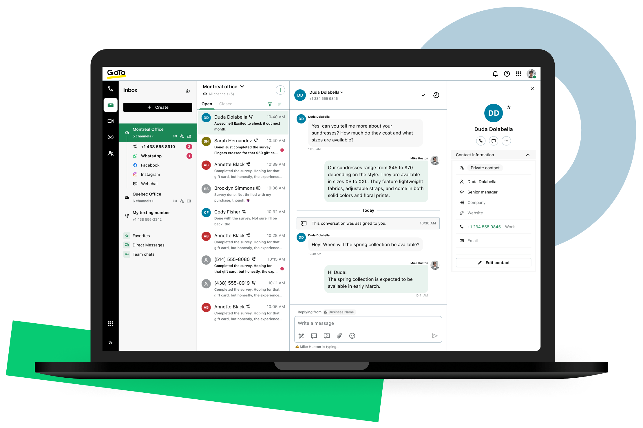 Screen showing a shared inbox in GoTo Connect Customer Engagement with customer conversation from WhatsApp, social media, SMS, and web chat for personalized responses and team collaboration.