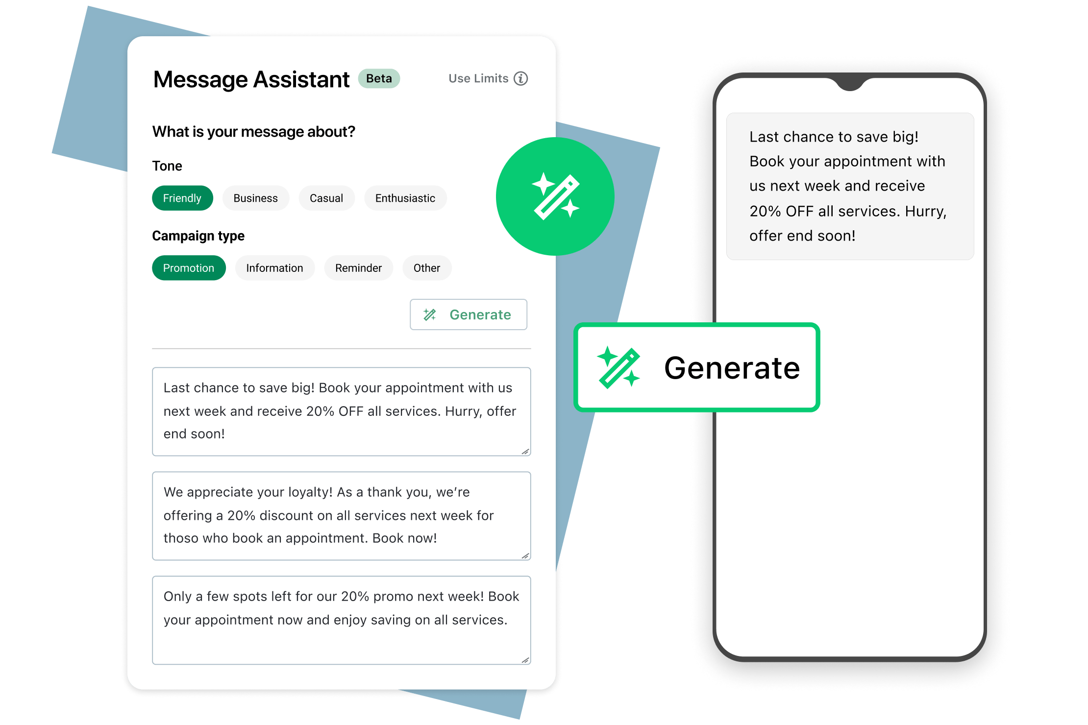 Collage di AI Messaging Assistant GoTo Connect, Generate.