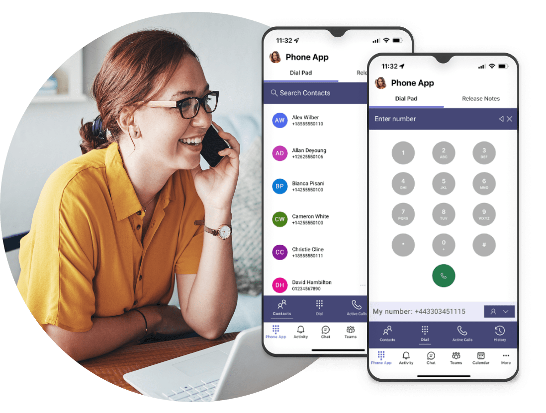 Donna che ride mentre è al telefono con schermate che mostrano l'app MS Teams per dispositivi mobili.