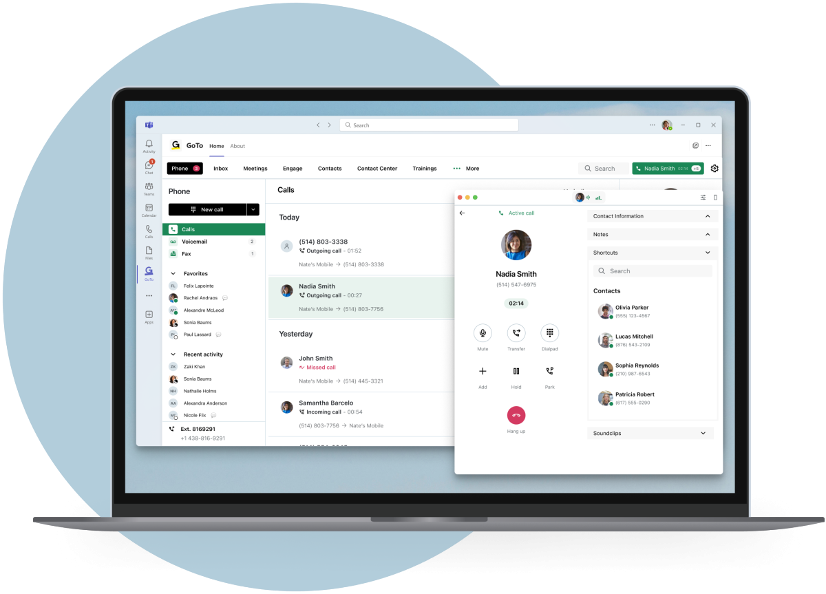 Schermate che mostrano GoTo Connect integrato nell'app Microsoft Teams con gestione delle chiamate.