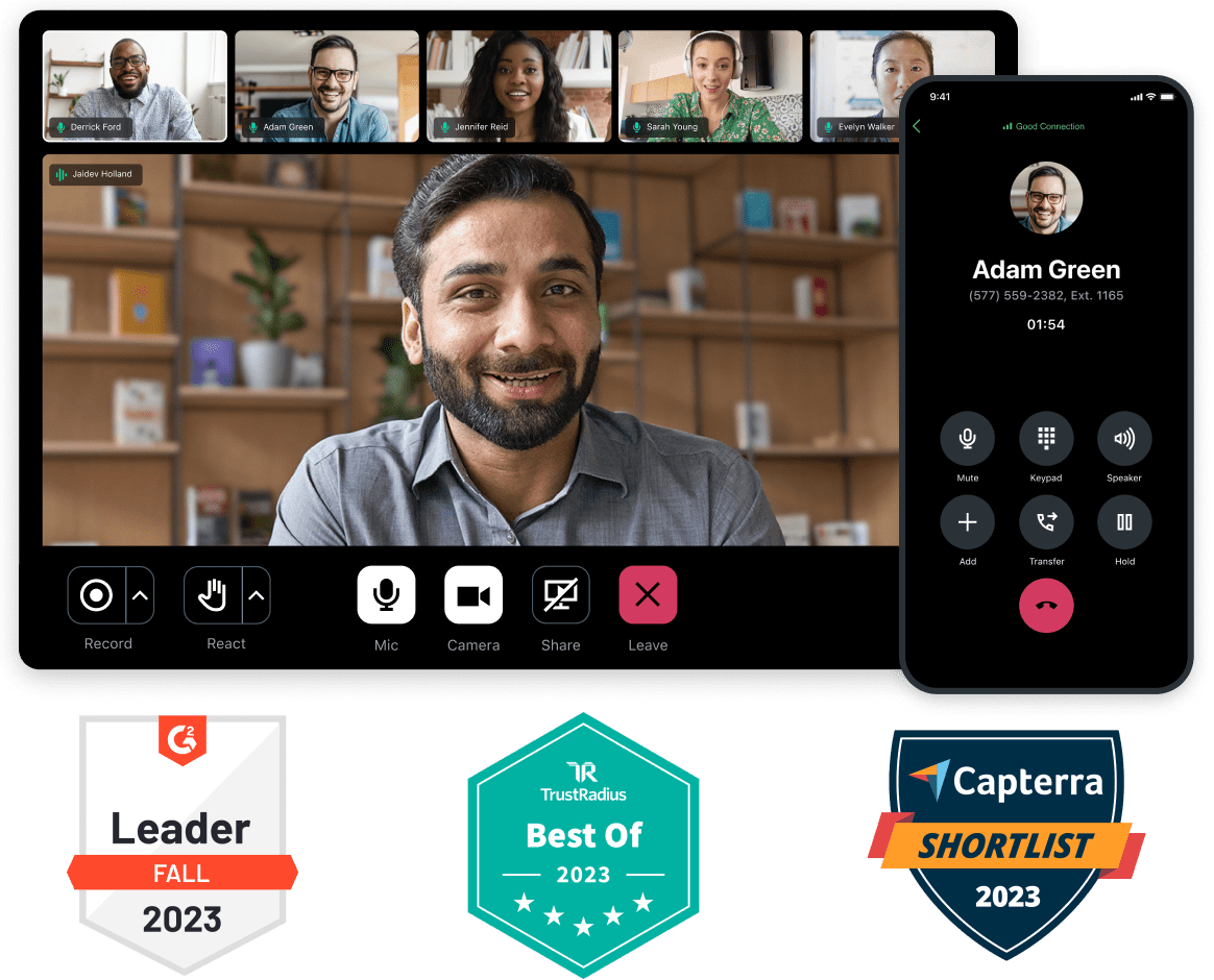 Immagine che mostra la funzionalità di videoconferenza e il sistema telefonico di GoTo Connect. Badge per G2 Leader Fall 2023, TrustRadius Best of 2023 e Capterra Shortlist 2023.