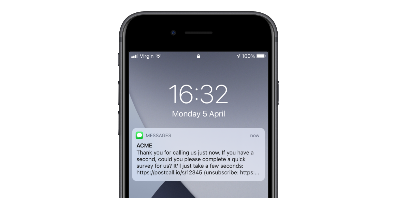 Immagine dello schermo di un telefono con un esempio di messaggio del sondaggio