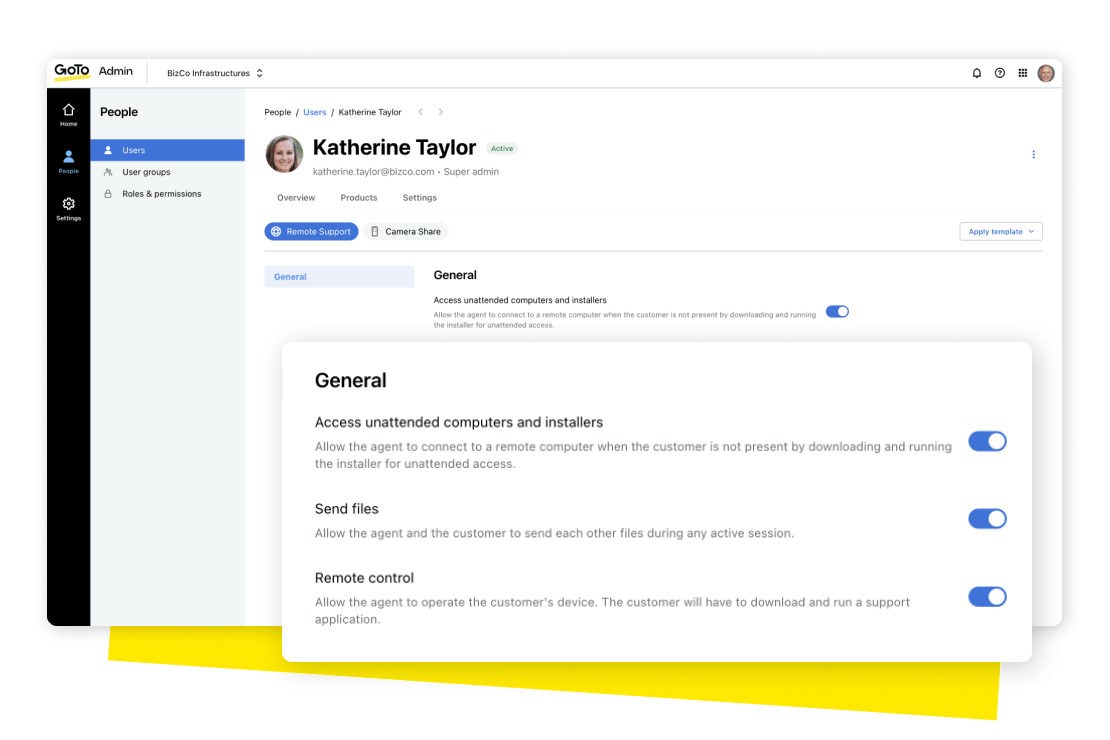 GoTo Admin semplifica le procedure di configurazione grazie alle funzioni di personalizzazione delle autorizzazioni dell'agente e di gestione delle impostazioni utente.