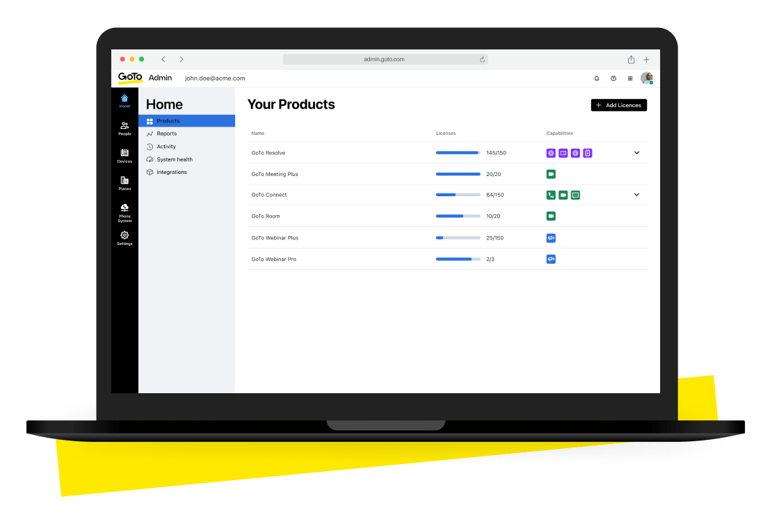 Usa la console GoTo Admin per semplificare la gestione degli utenti e gestirne gli accessi, per configurare la sicurezza dell'account e i canali di help desk e creare ed eseguire attività di report.