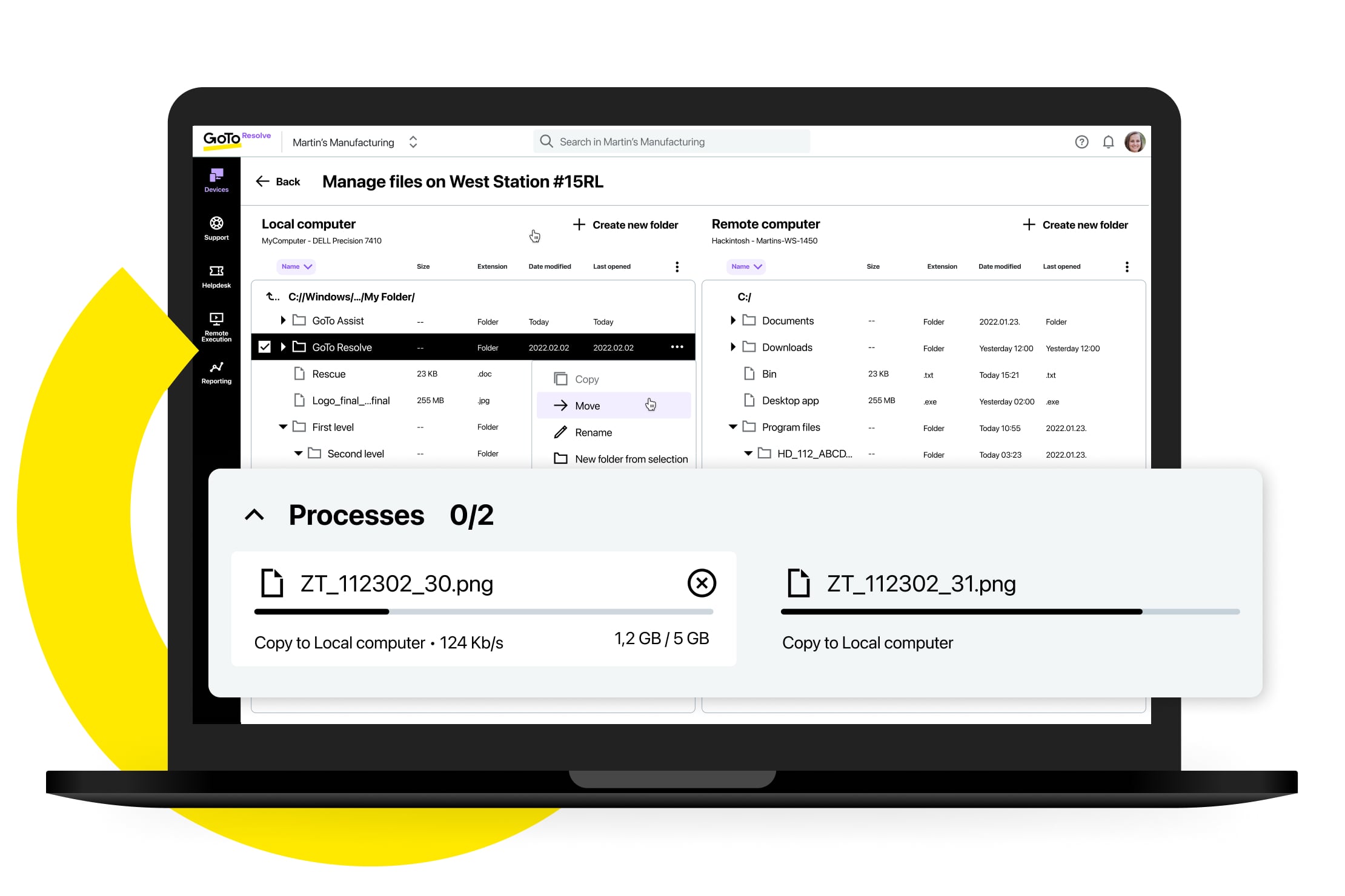 Visualize e transfira arquivos de dispositivos sem precisar iniciar uma sessão remota. 