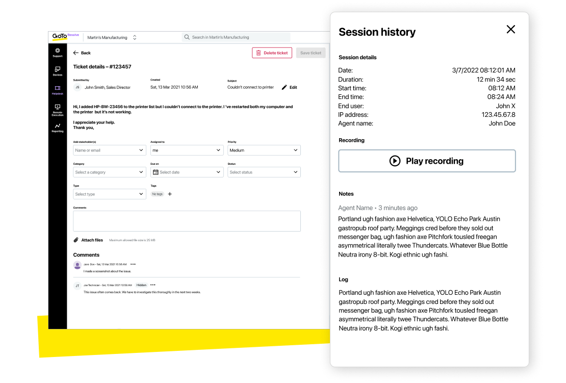 Un grafico della cronologia dei ticket di GoTo Resolve che mostra le note degli agenti sulle sessioni.