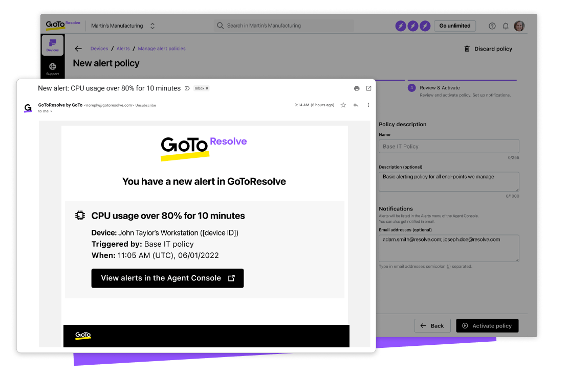 Notifica email di avviso IT dal software RMM di GoTo Resolve che mostra come l'uso della CPU per un dispositivo utente sia maggiore dell'80%.