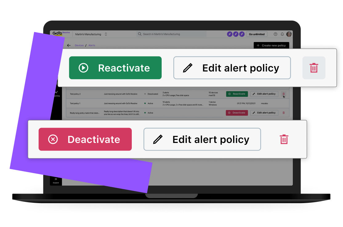 Impostazioni di notifica degli avvisi IT di GoTo Resolve che ti permettono di disattivare o riattivare i criteri di avviso impostati con un solo clic.