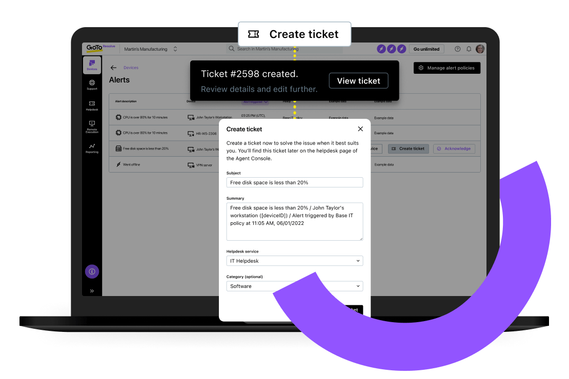 Crea un ticket direttamente dalla notifica che ti avvisa di un evento IT con il software RMM di GoTo Resolve.