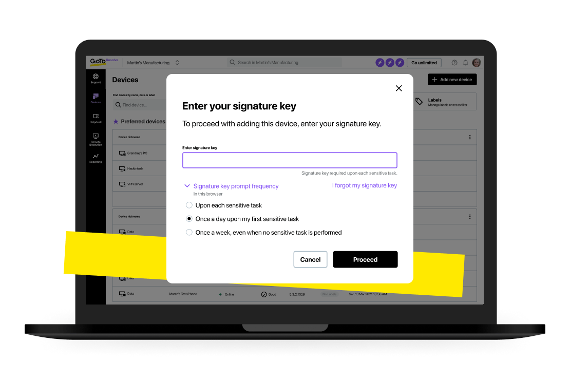 O GoTo Resolve usa controles de acesso de confiança zero inovadores e exclusivos para oferecer uma execução remota segura.