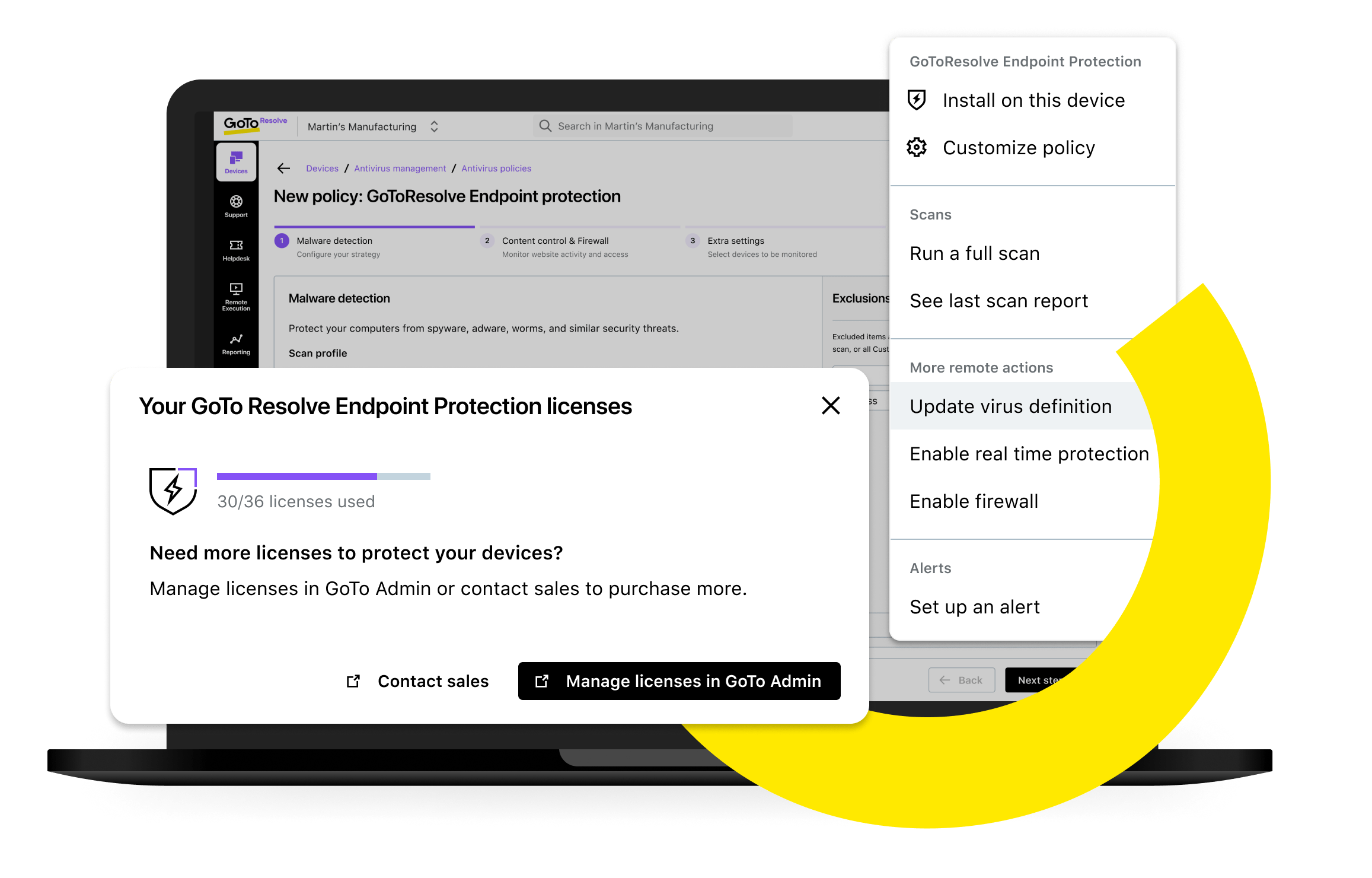 Visualizzazione su schermo della dashboard di protezione degli endpoint di GoTo Resolve, con finestra di gestione della licenza e impostazioni.