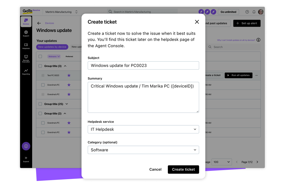Funzionalità di creazione dei ticket di GoTo Resolve con una nota per distribuire una patch su un dispositivo da remoto.
