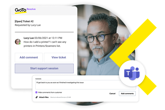 Interfaccia di GoTo Resolve che mostra un ticket di supporto aperto, insieme al logo di Microsoft Teams che dimostra l'integrazione tra GoTo Resolve e gli strumenti di messaggistica più diffusi.