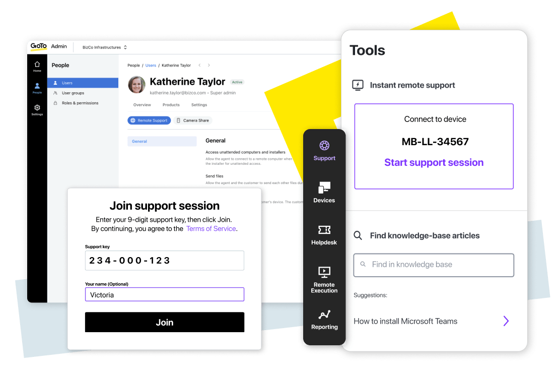 Apresentação dos cenários de suporte remoto na interface do GoTo Admin.