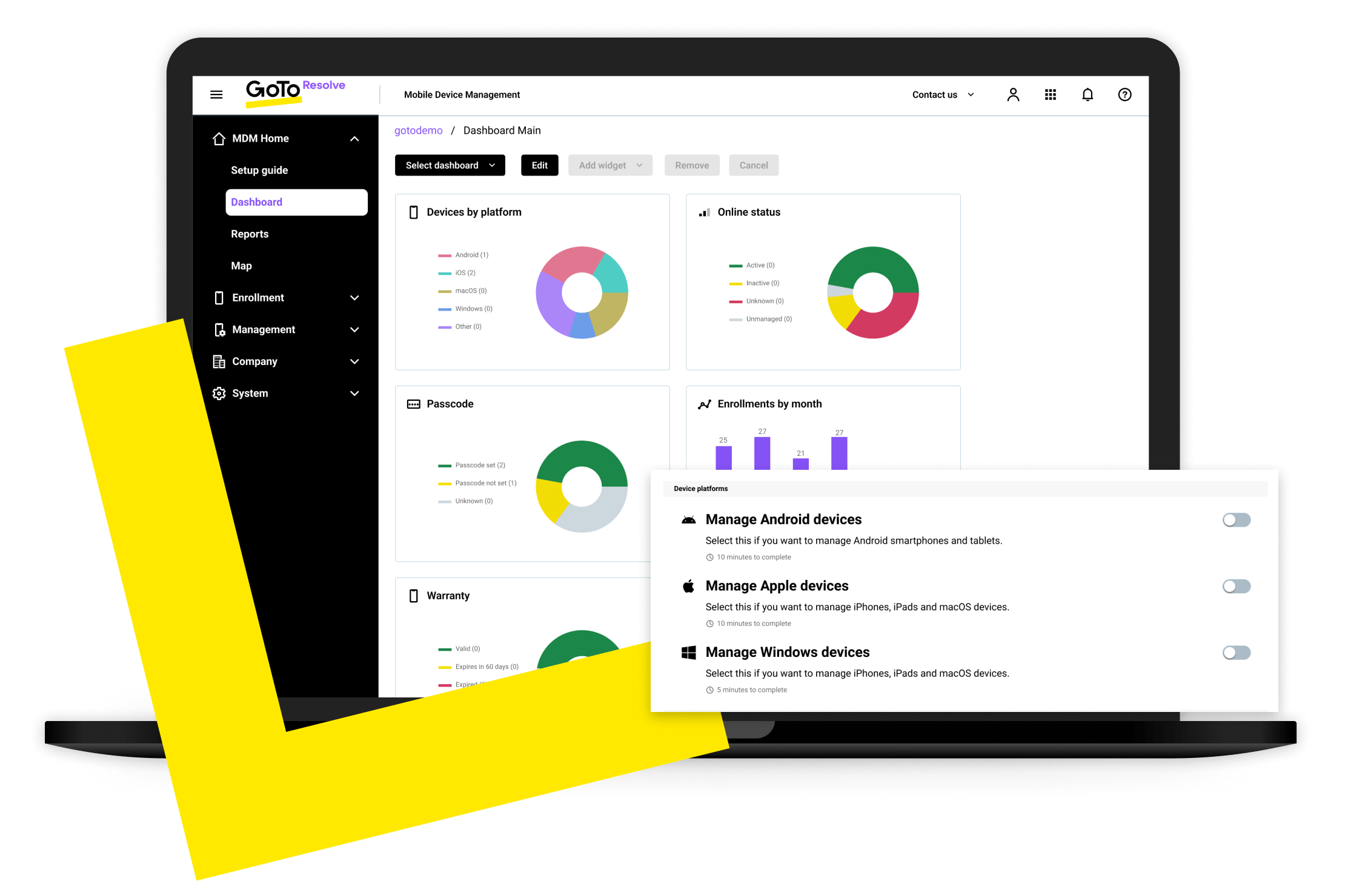 Interfaccia desktop della dashboard di Resolve MDM e delle opzioni per i dispositivi.