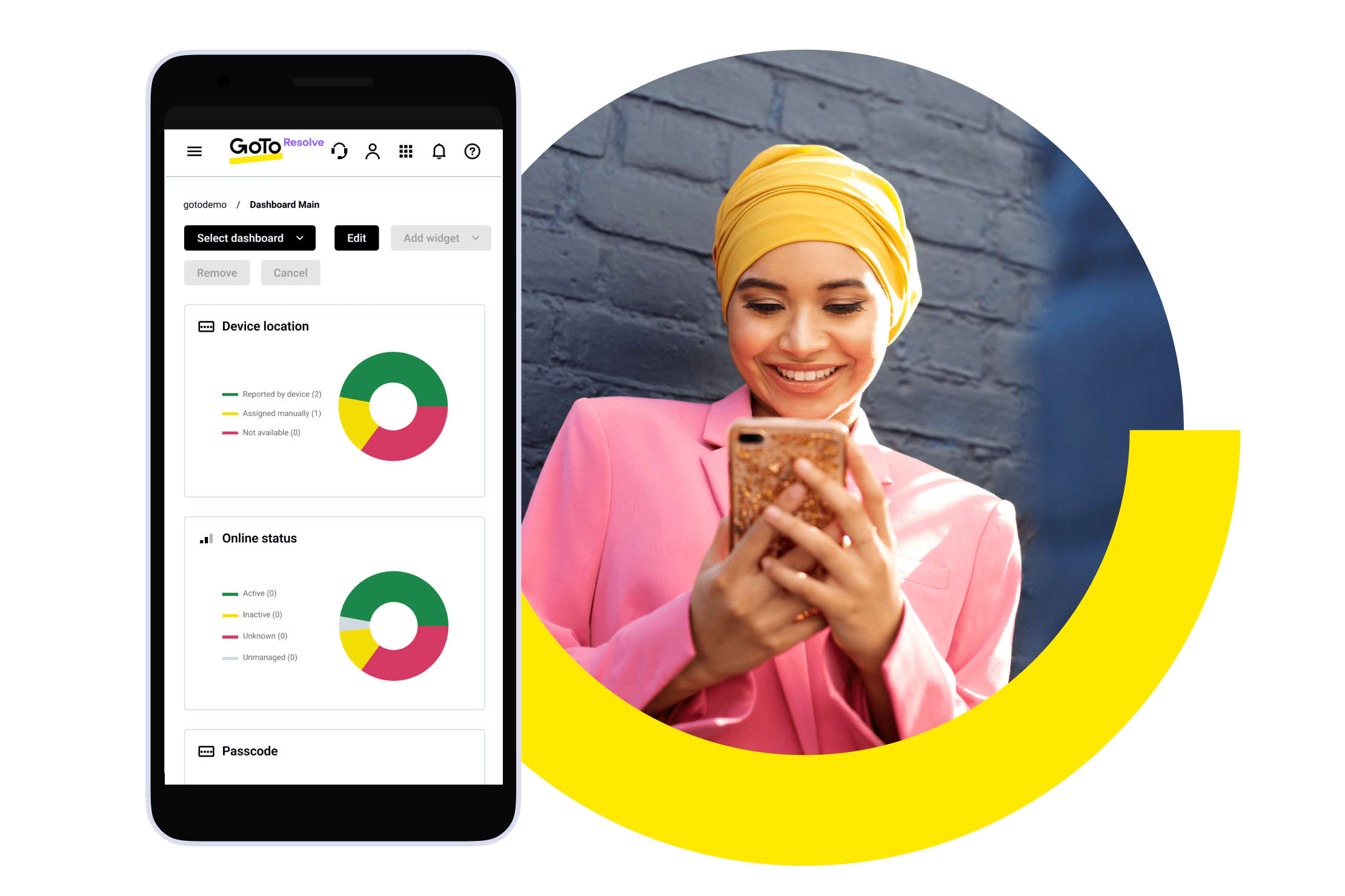 Donna che controlla la dashboard di Resolve MDM sul suo dispositivo mobile.