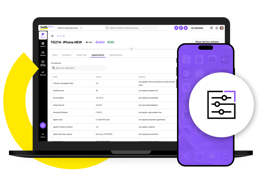 Screen view GoTo Resolve’s device app management features.