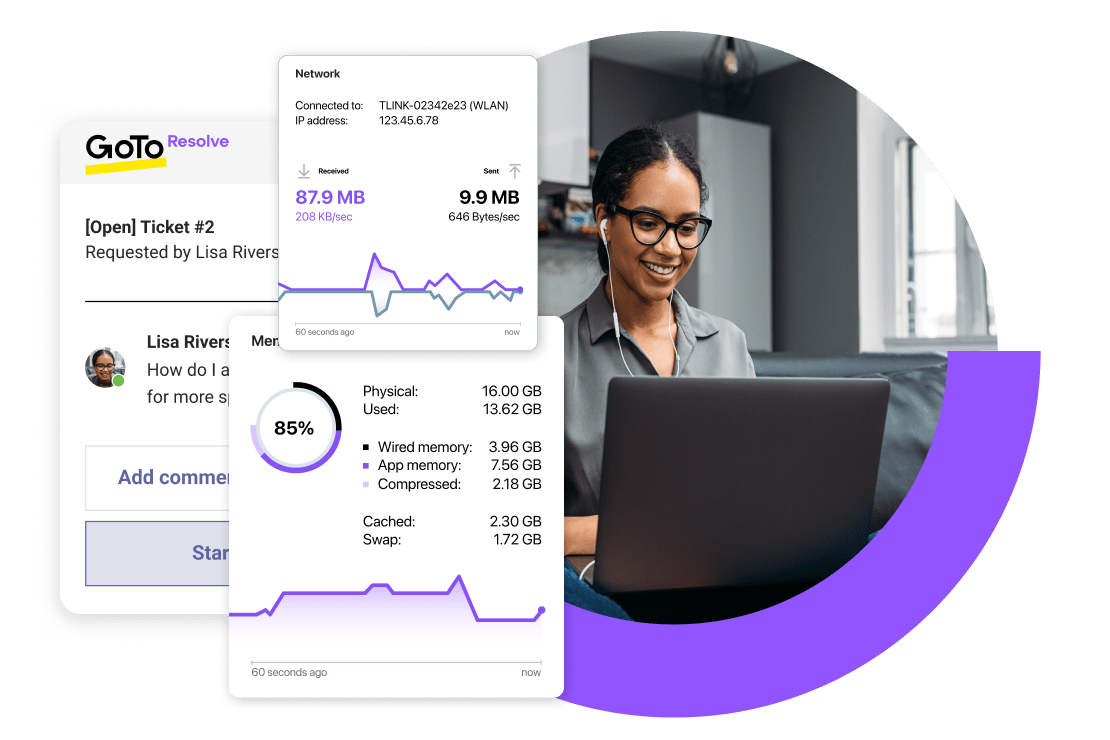 Agente informatico che utilizza le funzioni di RMM, helpdesk e supporto per dispositivi mobili di GoTo Resolve.
