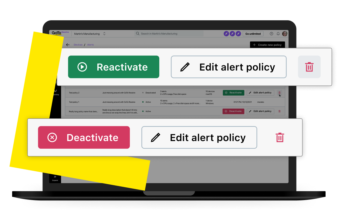 Avvisi relativi all'integrità del computer dal software di monitoraggio remoto di GoTo Resolve sullo schermo di un laptop.