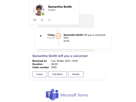 Una scheda profilo di Microsoft Teams con i dati dell’utente Samantha Smith. Sotto la scheda profilo c’è un rettangolo con l’interfaccia utente della cronologia delle chiamate di Microsoft Teams, compilata con la scritta “Samantha Smith left you a voicemail today at 2:15 PM”. Sotto il rettangolo c’è un’altra scheda dell’interfaccia utente di Microsoft Teams con informazioni sulla segreteria di Samantha Smith, seguite dal logo di Microsoft Teams.