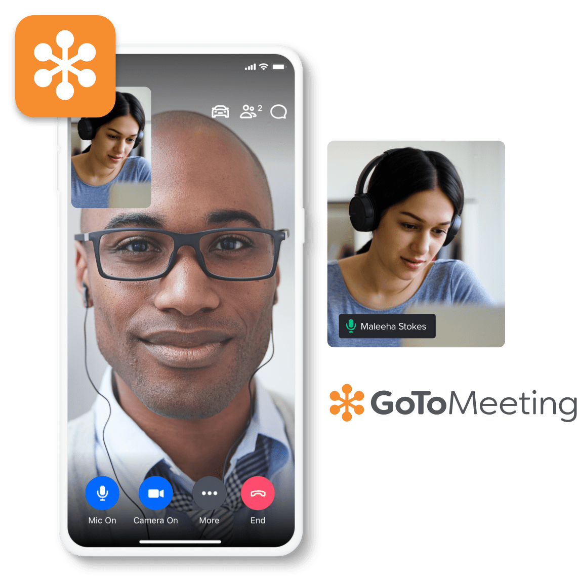 Dos personas están utilizando el software GoToMeeting para reunirse mediante sus dispositivos móviles.