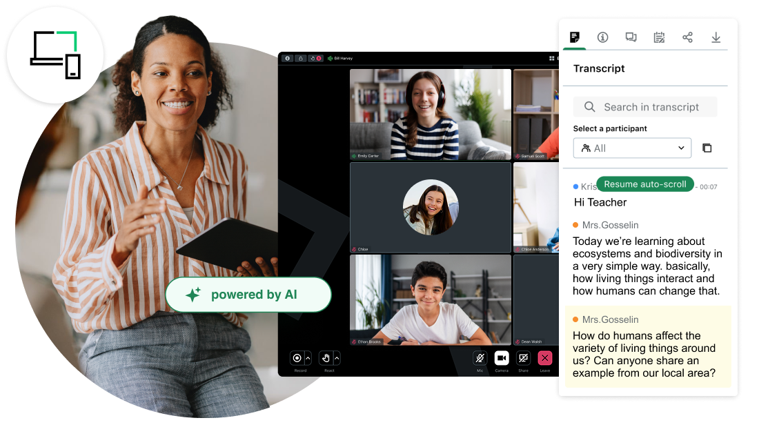 Plateforme GoTo Connect pour l'éducation montrant un enseignant animant une classe virtuelle avec des élèves, avec transcription interactive et outils d'apprentissage basés sur l'IA.