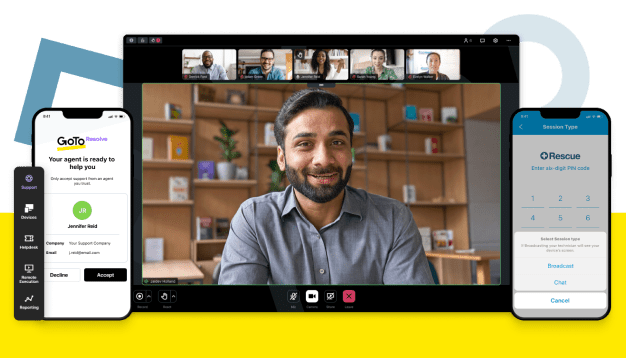 Composizione con un telefono fisso, un'interfaccia desktop per riunioni e un cellulare che mostra tutte le possibilità di utilizzo di GoTo Connect, GoTo Resolve e Rescue su dispositivi e in luoghi diversi.