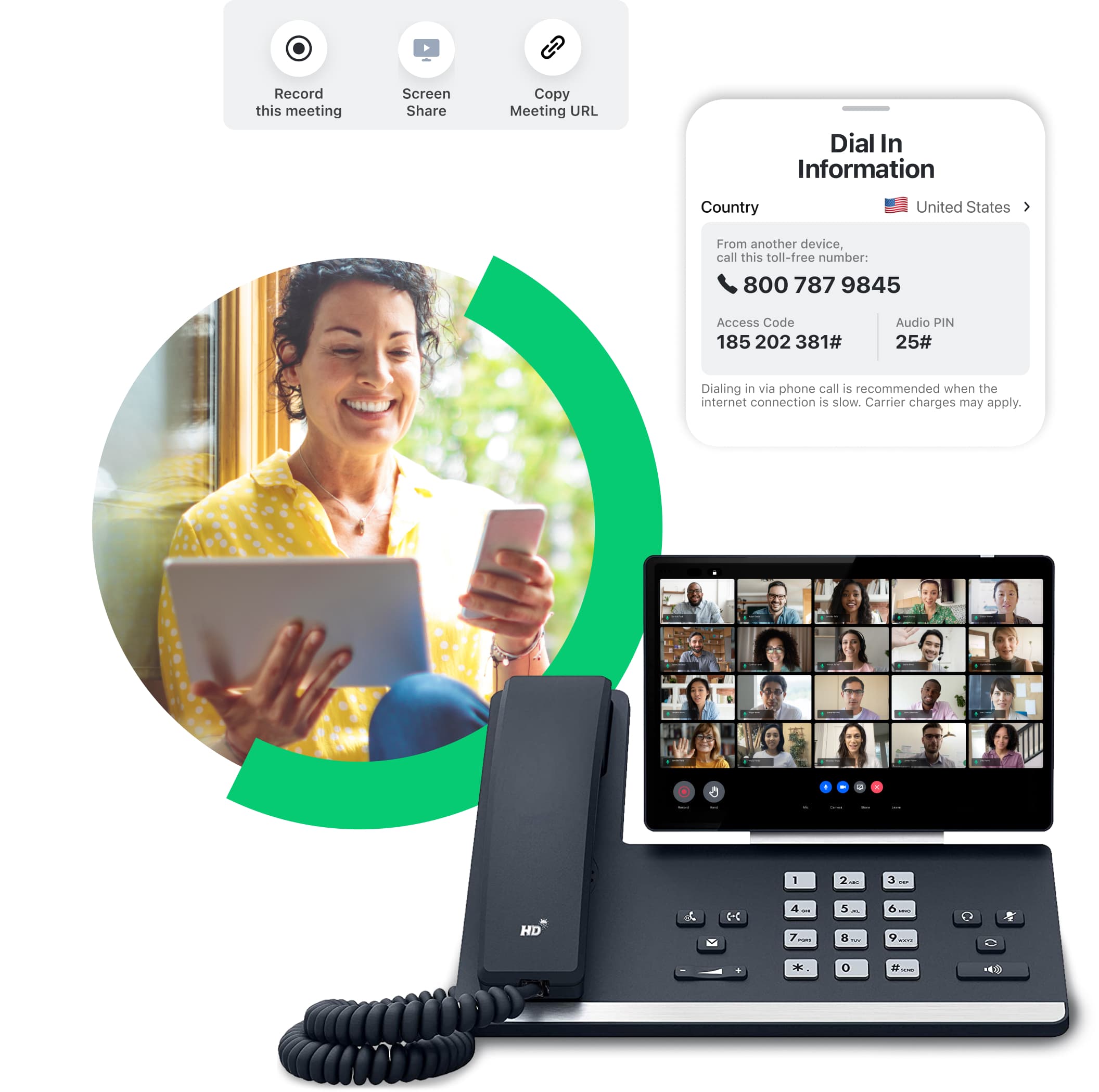 Interfaccia del conference bridge di GoTo Connect su tablet, smartphone e telefono fisso.