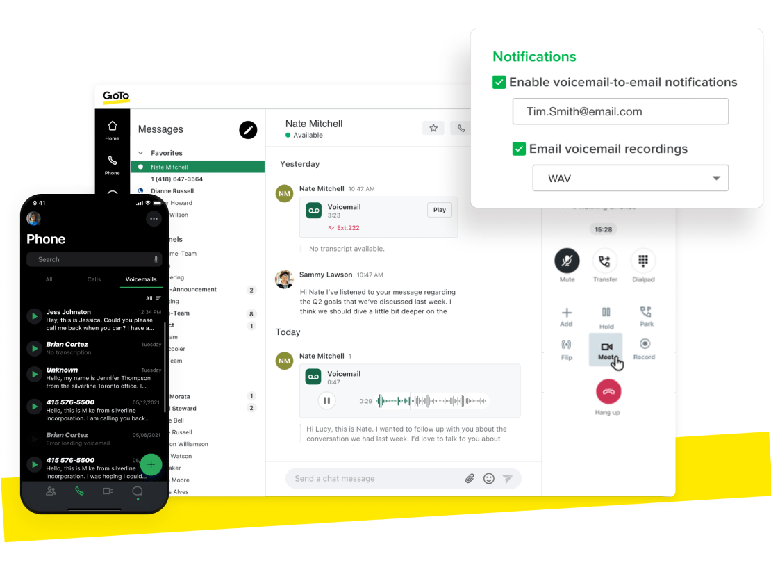 Collage d'une messagerie vocale GoTo Connect sur ordinateur et interfaces mobiles. 