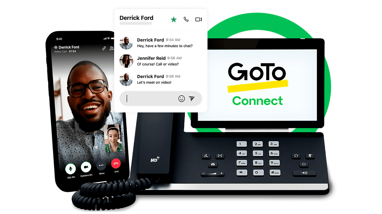 Dimostrazione degli strumenti che GoTo Connect mette a disposizione per rimanere in contatto, tra cui applicazioni, chat e integrazioni per il sistema telefonico.
