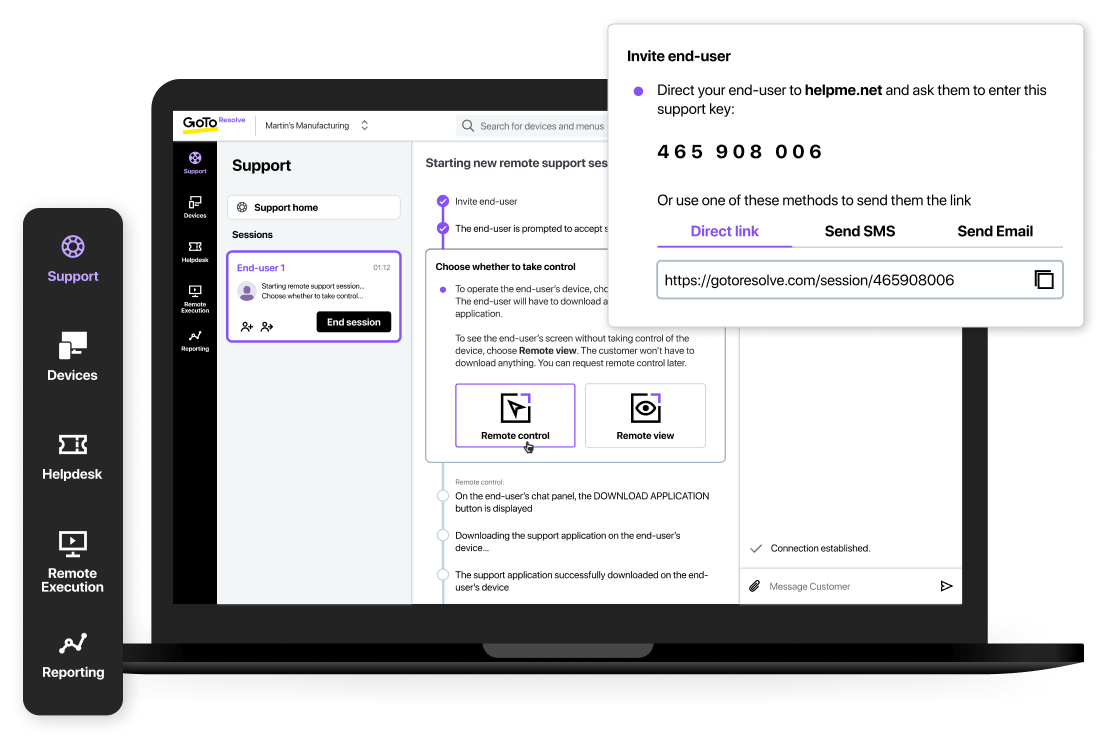 Vista della console di amministrazione della funzionalità di supporto remoto di GoTo Resolve nel processo di avvio di una nuova sessione di supporto remoto