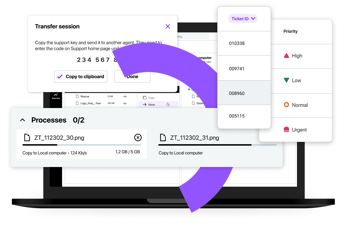 Strumento di supporto informatico da remoto di GoTo Resolve con funzionalità di trasferimento della sessione che consente a un agente informatico di trasferire una sessione remota su desktop esistente a un altro agente.