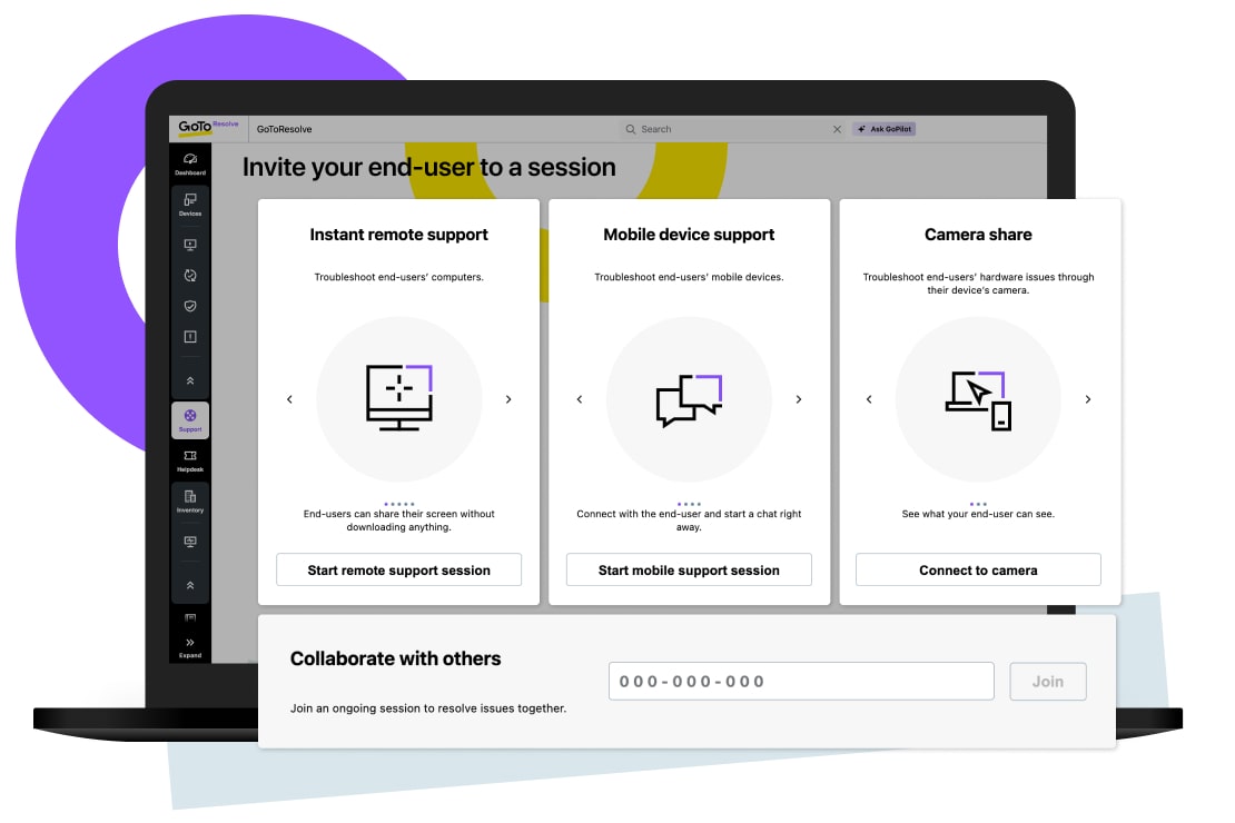 Dashboard di supporto di GoTo Resolve con opzioni per il supporto remoto immediato, il supporto per dispositivi mobili e la condivisione della fotocamera.