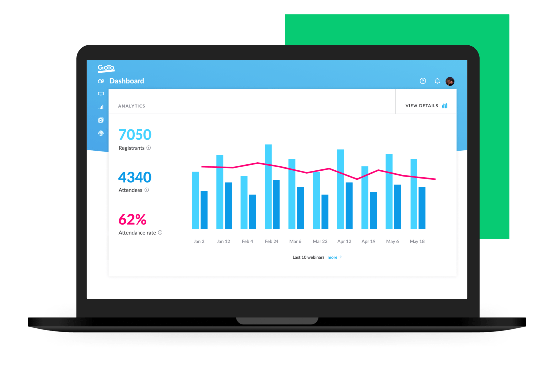Catalogo video di GoTo Webinar e dashboard di amministrazione per eventi futuri.