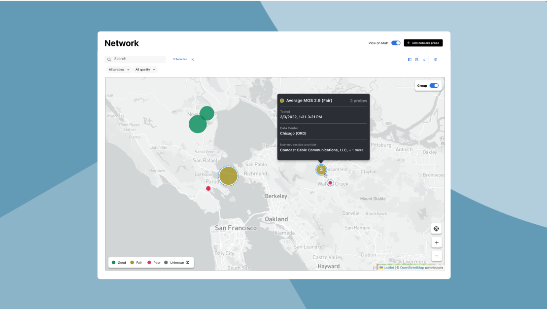 Mappa che mostra punti di sonde di rete e la loro potenza di connessione attuale.