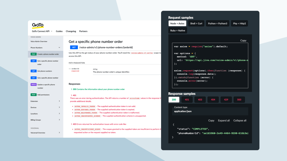 Schermata delle guide API di GoTo che mostra come ottenere un ordine specifico di numeri di telefono in una serie di linguaggi.