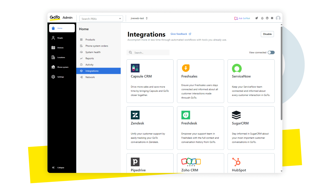 Schermata delle integrazioni di GoTo Connect che mostra come riunisce tutti i tuoi strumenti tecnologici preferiti.