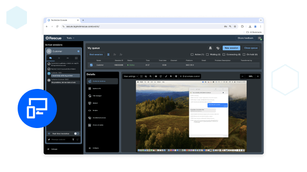 Dashboard delle operazioni di supporto al salvataggio che dimostra la funzionalità di controllo remoto dell’operatore sul desktop del cliente.