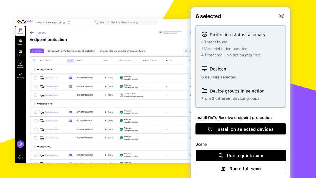 Visualizzazione del riepilogo dello stato di protezione e protezione in GoTo Resolve, con opzioni per eseguire una scansione rapida o una scansione completa
