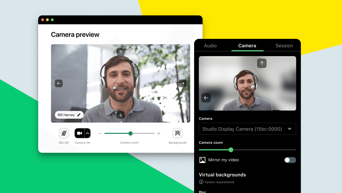 Utilizzo dello zoom video nell'anteprima della videocamera prima di partecipare a una sessione con GoTo Meeting.