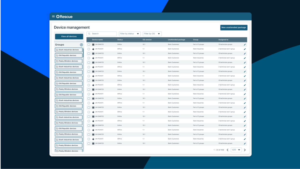 Screen che mostra il portale web ridisegnato di LogMeIn Rescue per la gestione dei dispositivi.