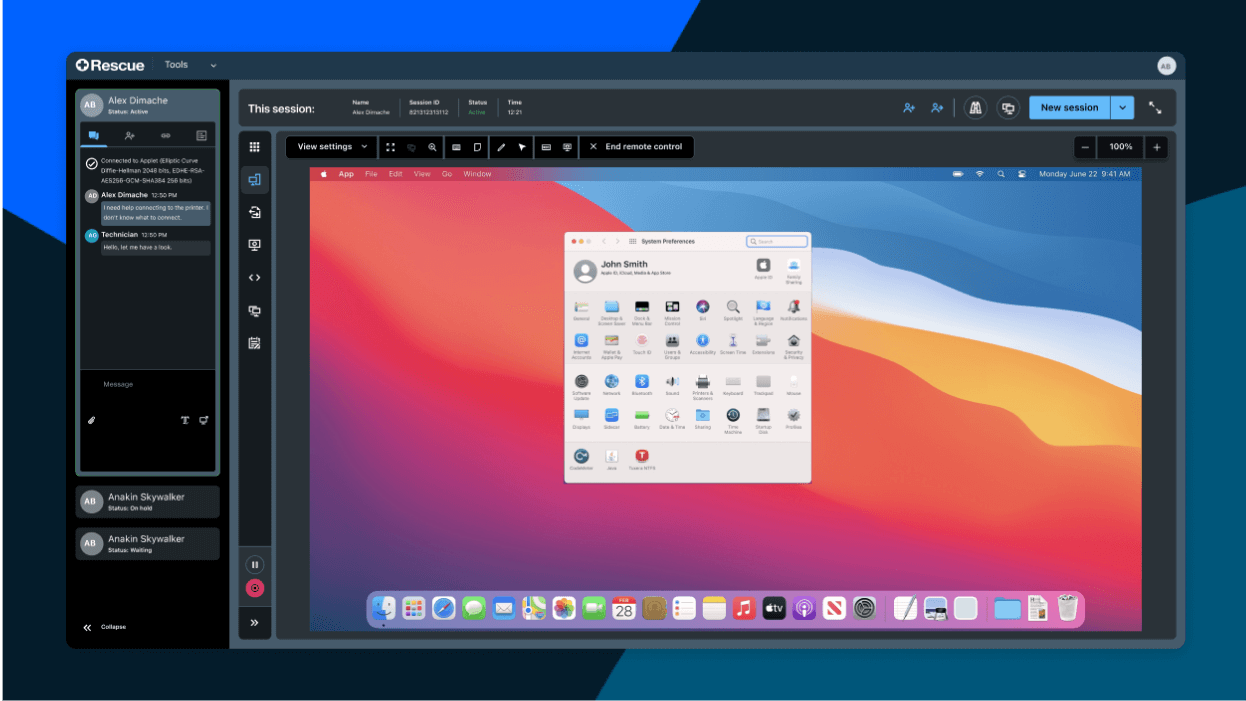 Screen che mostra un agente che fornisce supporto a un utente tramite la console dei tecnici basata sul web di LogMeIn Rescue.
