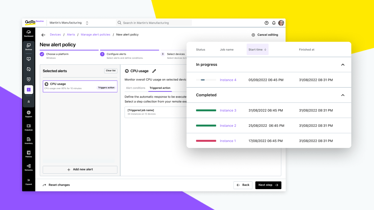Screen che mostrano l'impostazione di una risoluzione predefinita per un potenziale problema e un tracker che monitora l'avanzamento delle correzioni automatiche.