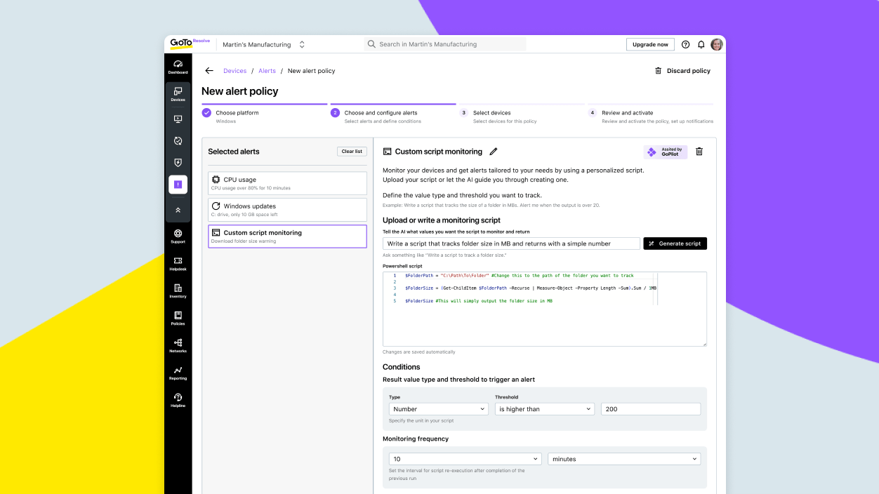 Screen che mostra uno script di monitoraggio personalizzato in fase di creazione attraversi la guida con IA su GoTo Resolve.