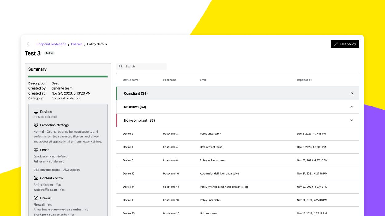 Screen che mostra il riepilogo dei dettagli dei criteri per più dispositivi utilizzando l'add-on per la protezione degli endpoint di GoTo Resolve.