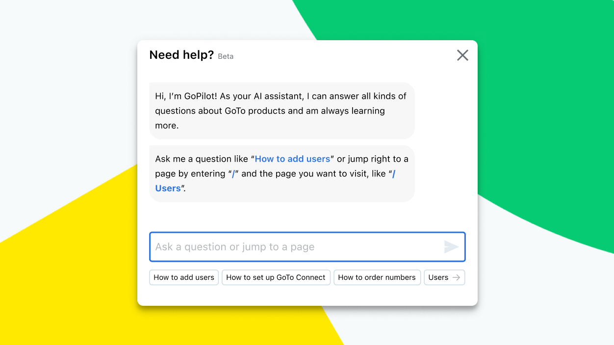 Screen che mostra una conversazione chat con l'assistente integrato basato sull'IA di GoTo Connect, Admin GoPilot.